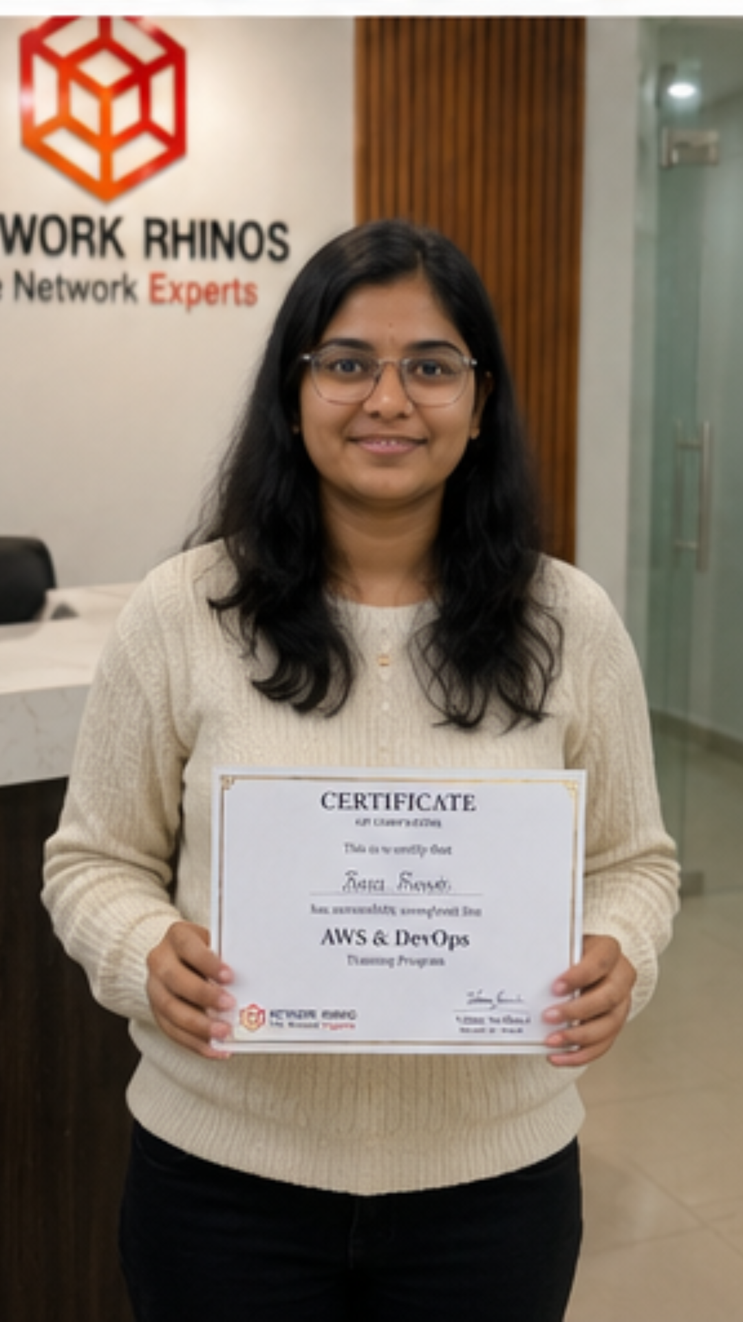Network Rhinos student with AWS & DevOps course completion certificate