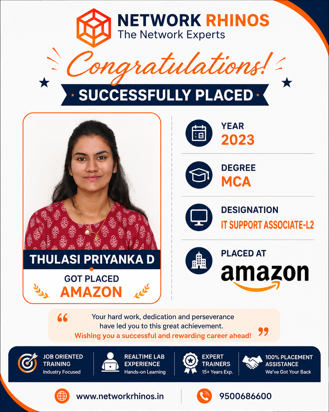 Thulasi Priyanka D placed at Amazon after IT Support Associate L2 · MCA training at Network Rhinos